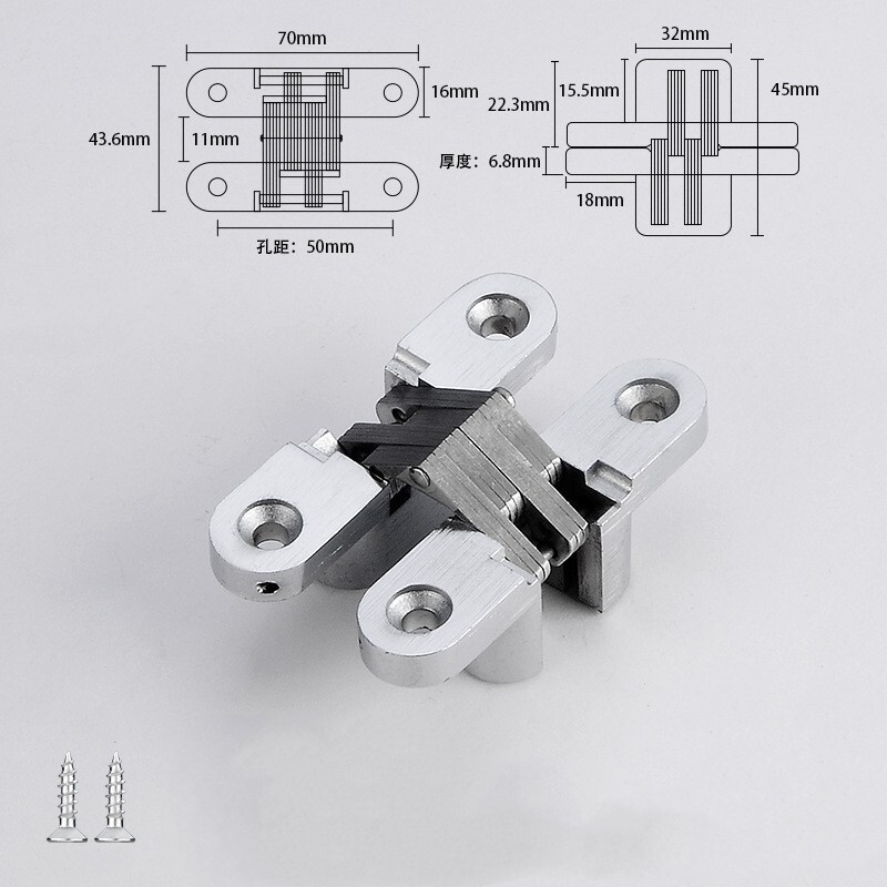 1Pcs Invisible Concealed Cross Hinges Wooden Doors, Zinc Alloy, 70 x 16mm
