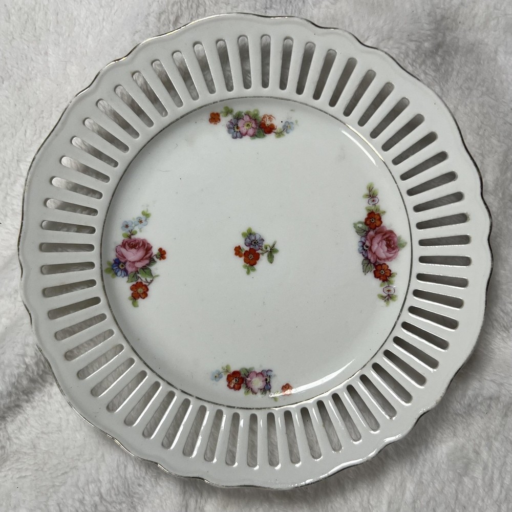 Porcelain Reticulated Plate Rose Floral Gold Trim Pierced Rim Scalloped Edge