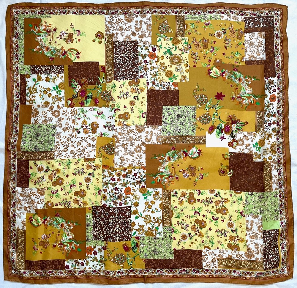 Vintage PATCHWORK Arts&Crasfts FLORAL Brown Yellow Green Hand Rolled Silk Scarf