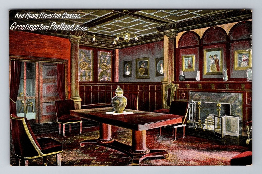 Portland ME-Maine, Greetings, Red Room At Riverton Casino, Vintage Postcard