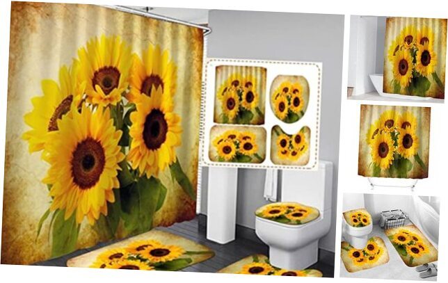 Sunflower Shower Curtain Sets with Rugs 4 Piece Flower Floral, Decor Yellow