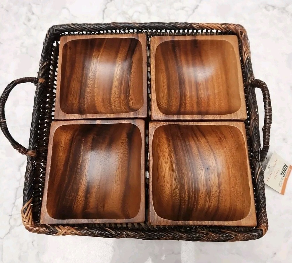 Handmade Acacia Wood Serving Tray with 4 Divided Bowls for Snacks or Dips NWT-image