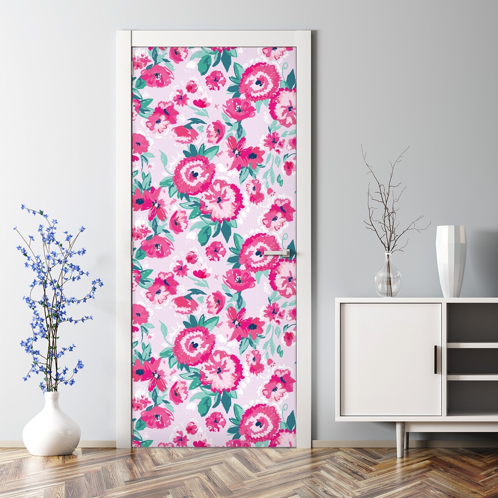 Bright Floral Door Decal Flowers Mural Bubble Free  covering Meadow Decor