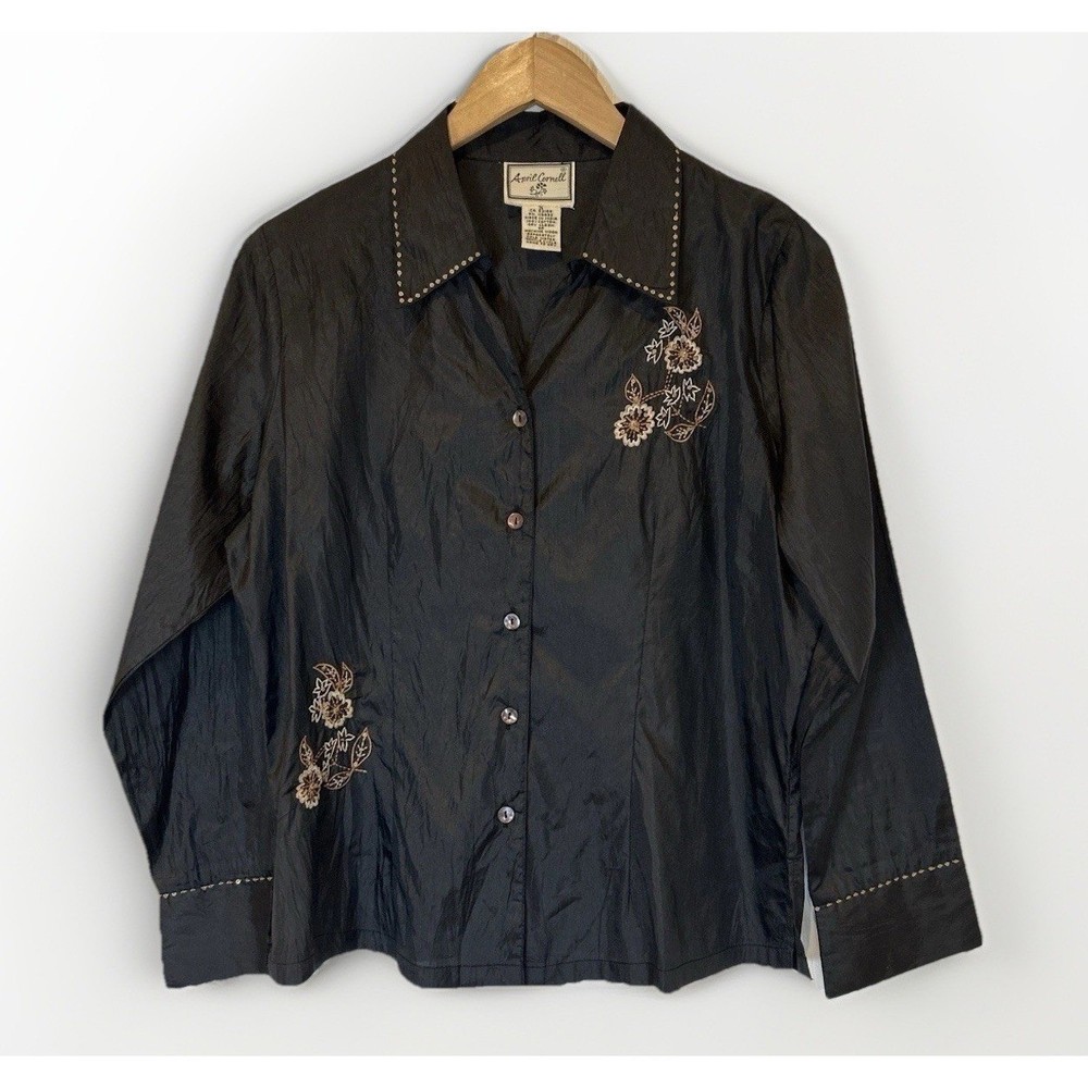 Vtg April Cornell Button Up Shirt Womens S Black Floral Embroidered Blouse