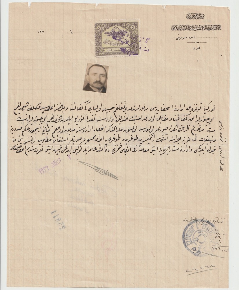 1926 Mudanya Turkey Tobacco Monopoly Document with Photo & Ottoman Script Stamp