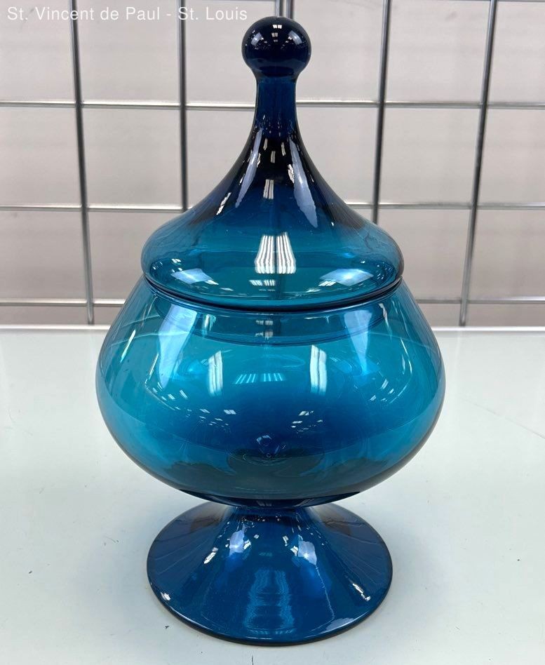 Optic Italian Empoli MCM Vintage Cobalt Blue Candy Dish Apothecary Jar W/ Lid