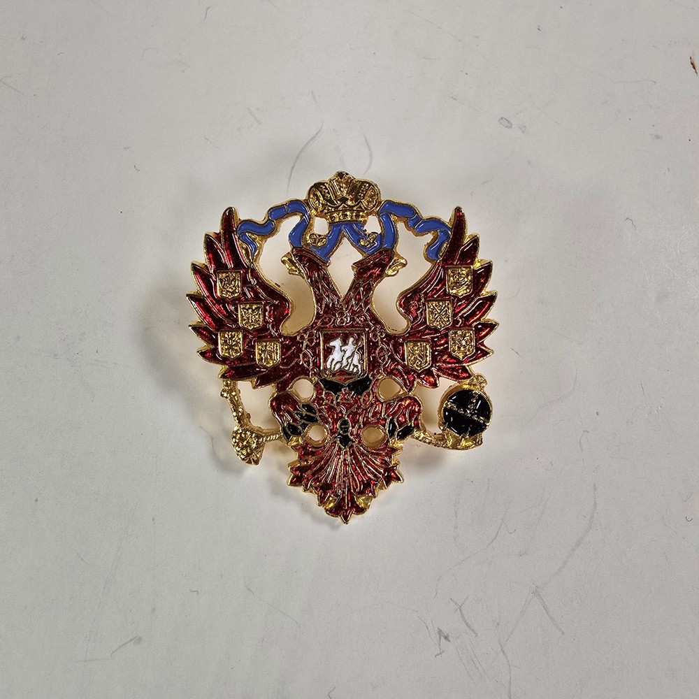 Vintage Double Headed Eagle Enamel Brooch Pin Gold Tone Heraldic Crest
