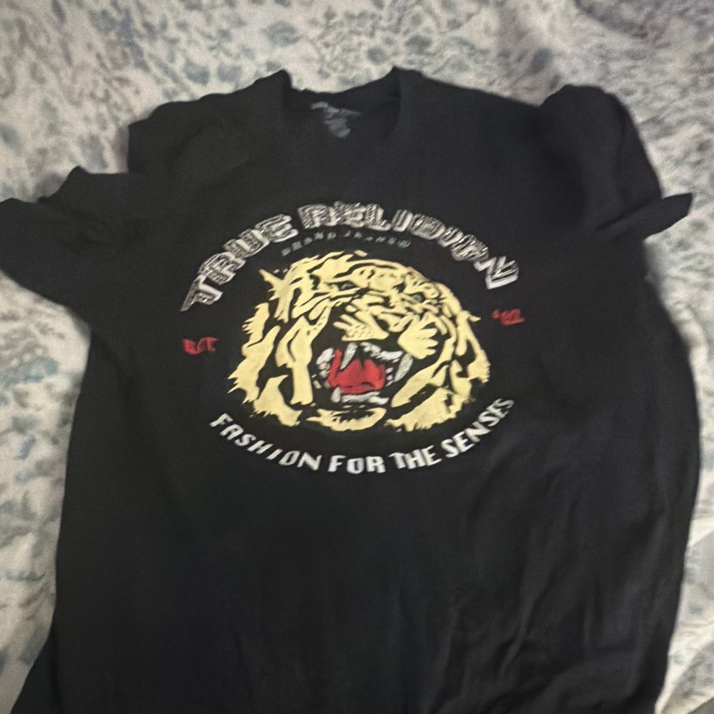 True Religion Men's Black Tiger Graphic Crew Neck Short Sleeve T-Shirt Regular L