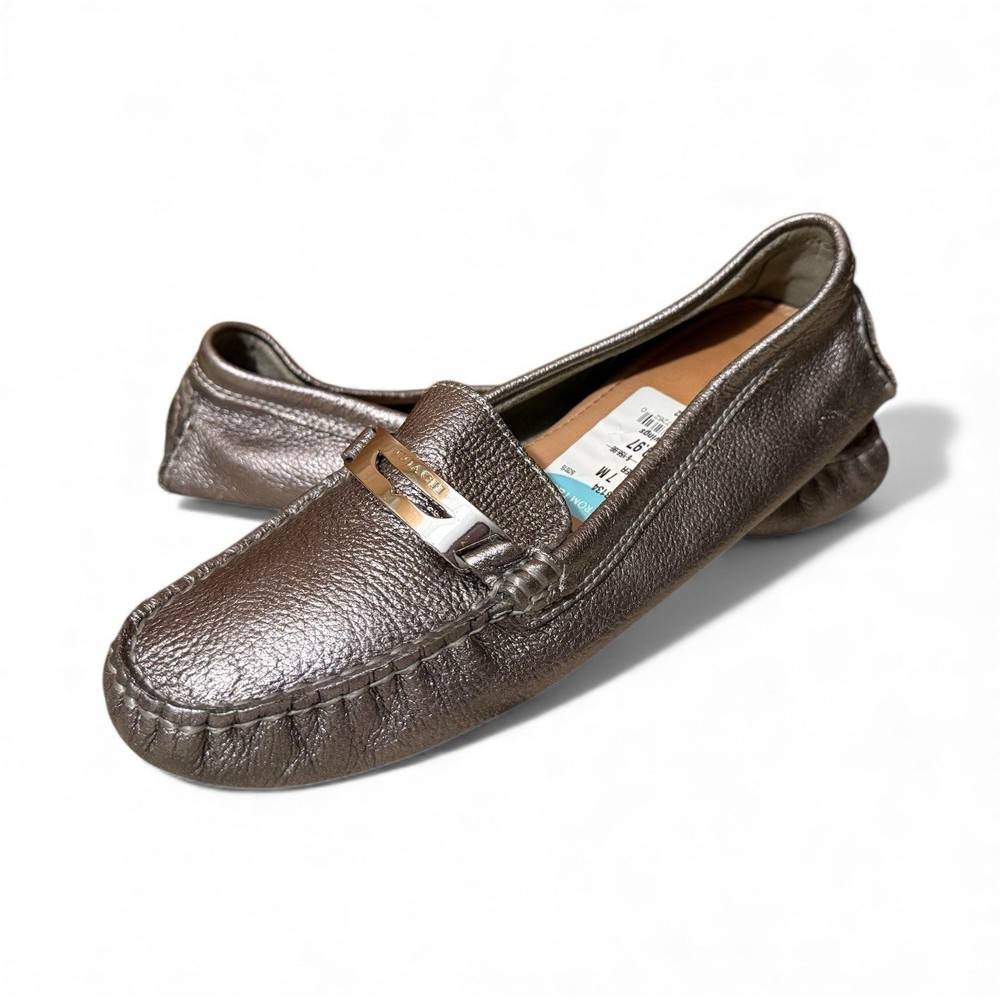 Coach Nola Gunmetal Silver Pebbled Leather Logo Slip On Loafer Driving Shoe 8