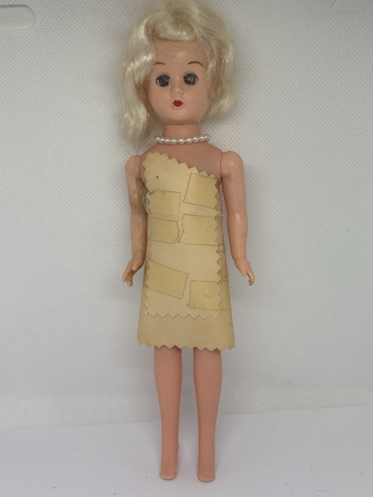 Vintage Plastic Doll Blonde Handmade Dress Pearl Necklace Open Shut Eyes