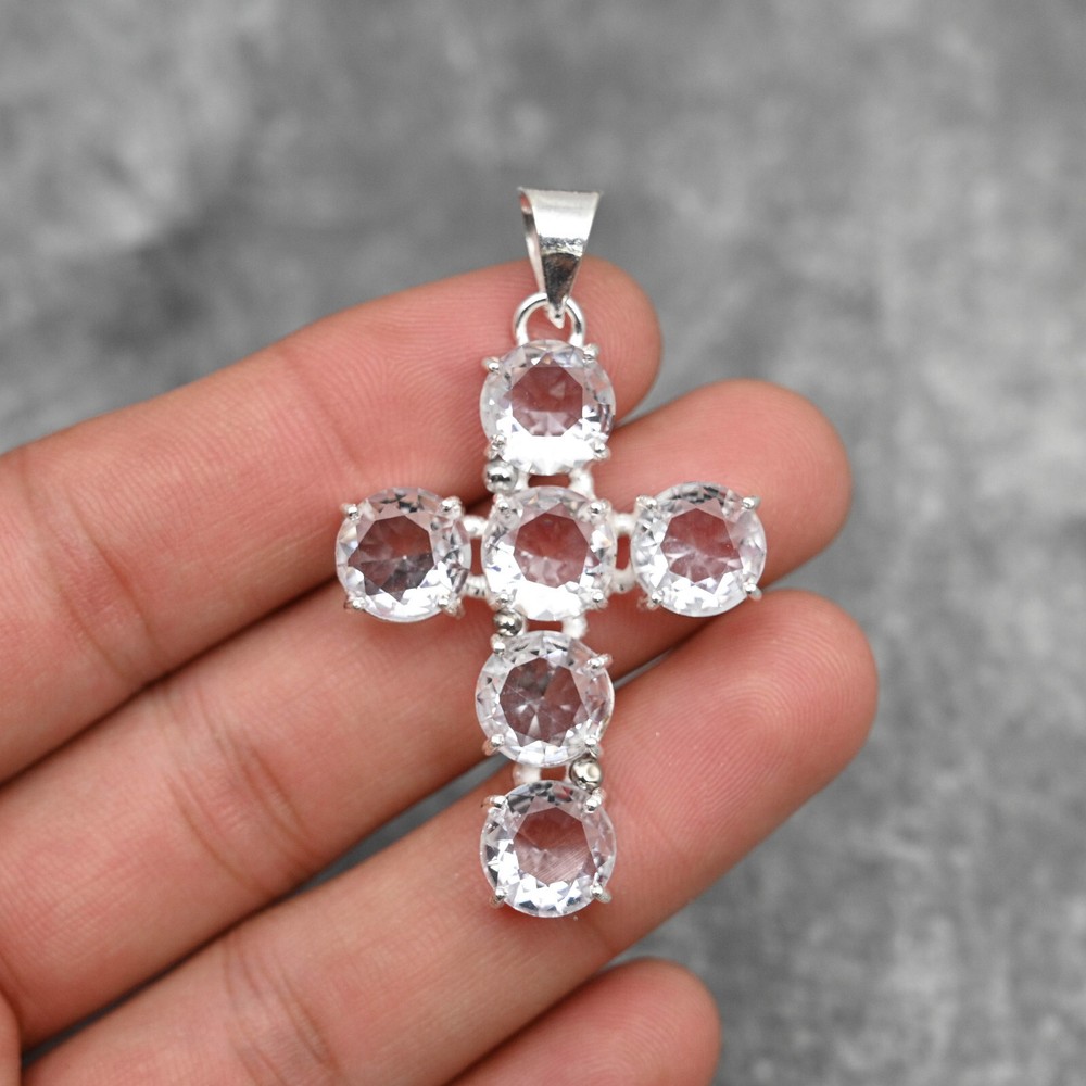 White Topaz Gemstone Cross Pendant 925 Sterling Silver Handmade Jewelry For Gift