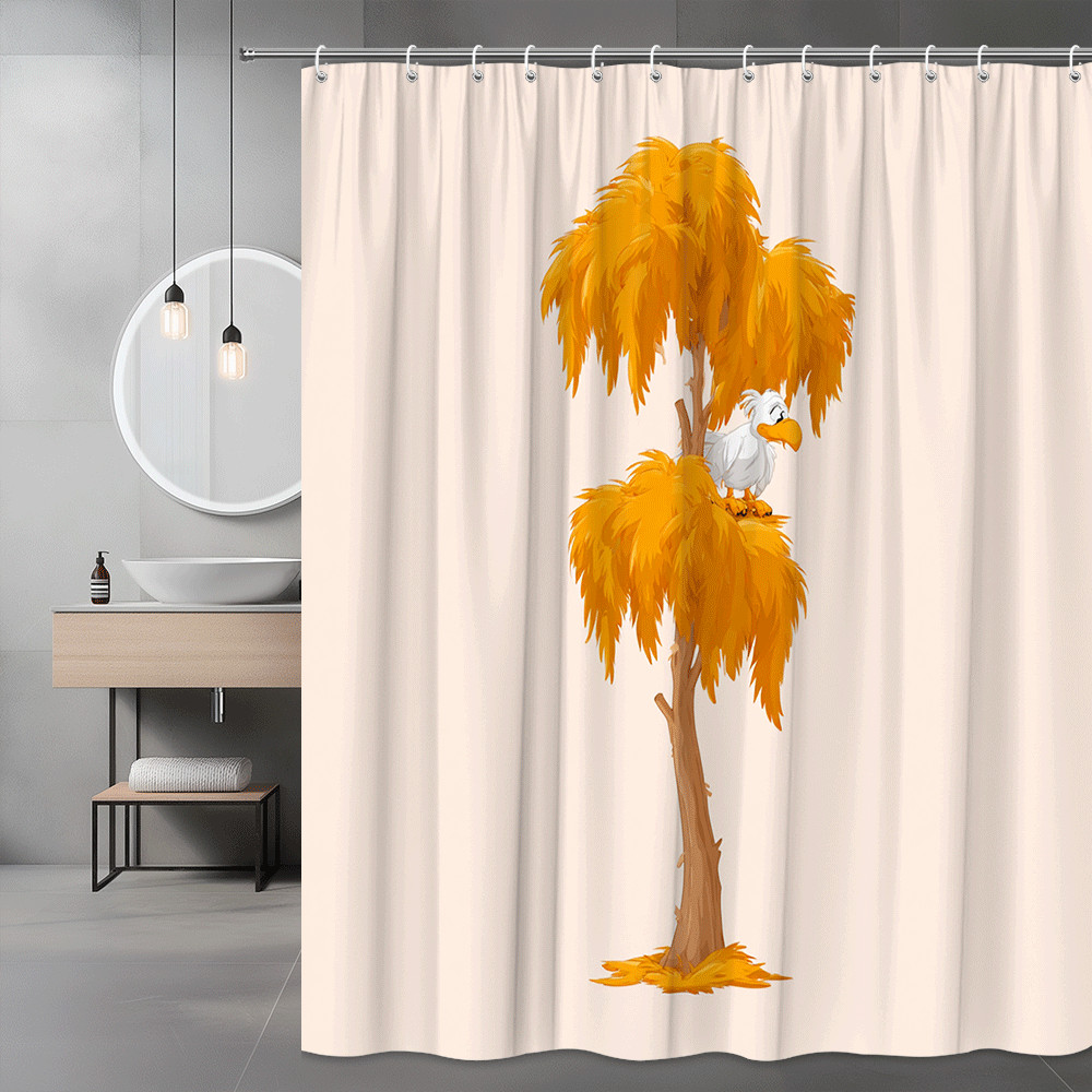 Cartoon Bird Tree Shower Curtain Orange White Graphic