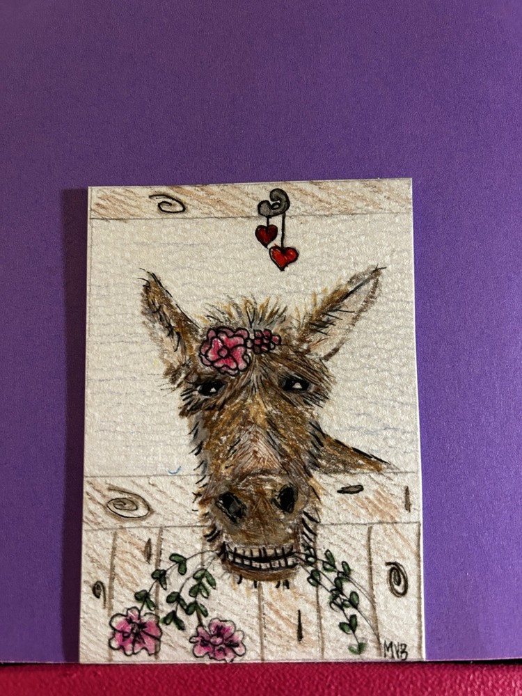 ACEO Art Card Original Doris The Donkey In Her Stall
