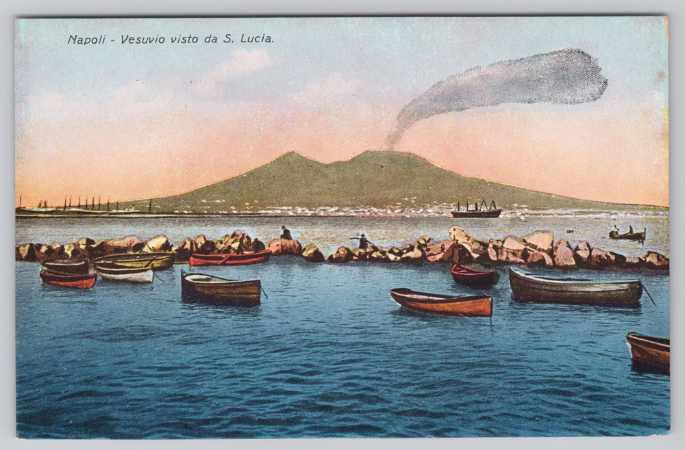 Naples Italy Vesuvius from Santa Lucia Fishing Boats Napoli Postcard c. 1910s
