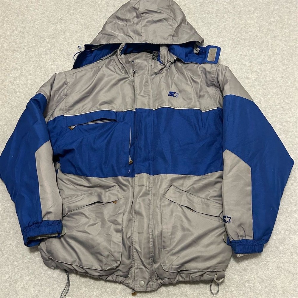 Vintage Starter Blue Mens Jacket with Detachable Hood Size L Casual Coat