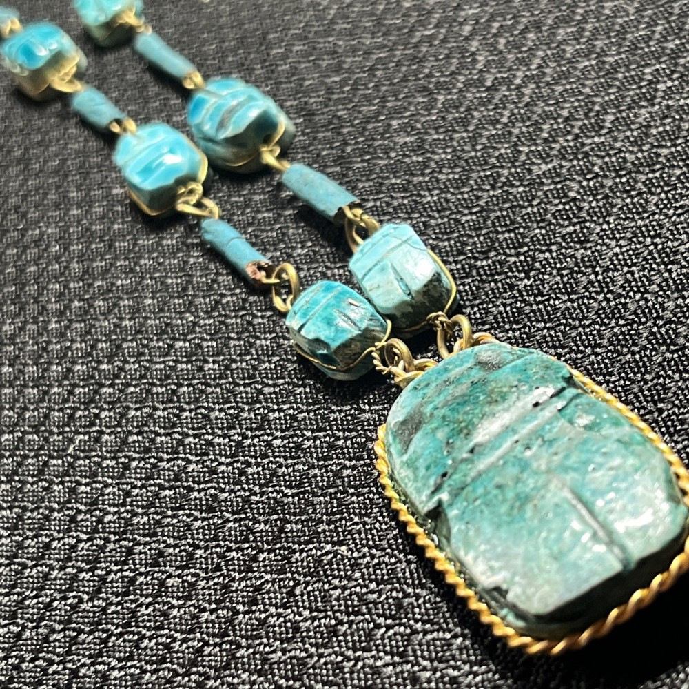 Vintage 1970s Hand Carved Ceramic Egyptian Revival Scarab Necklace 30Inch - Z2