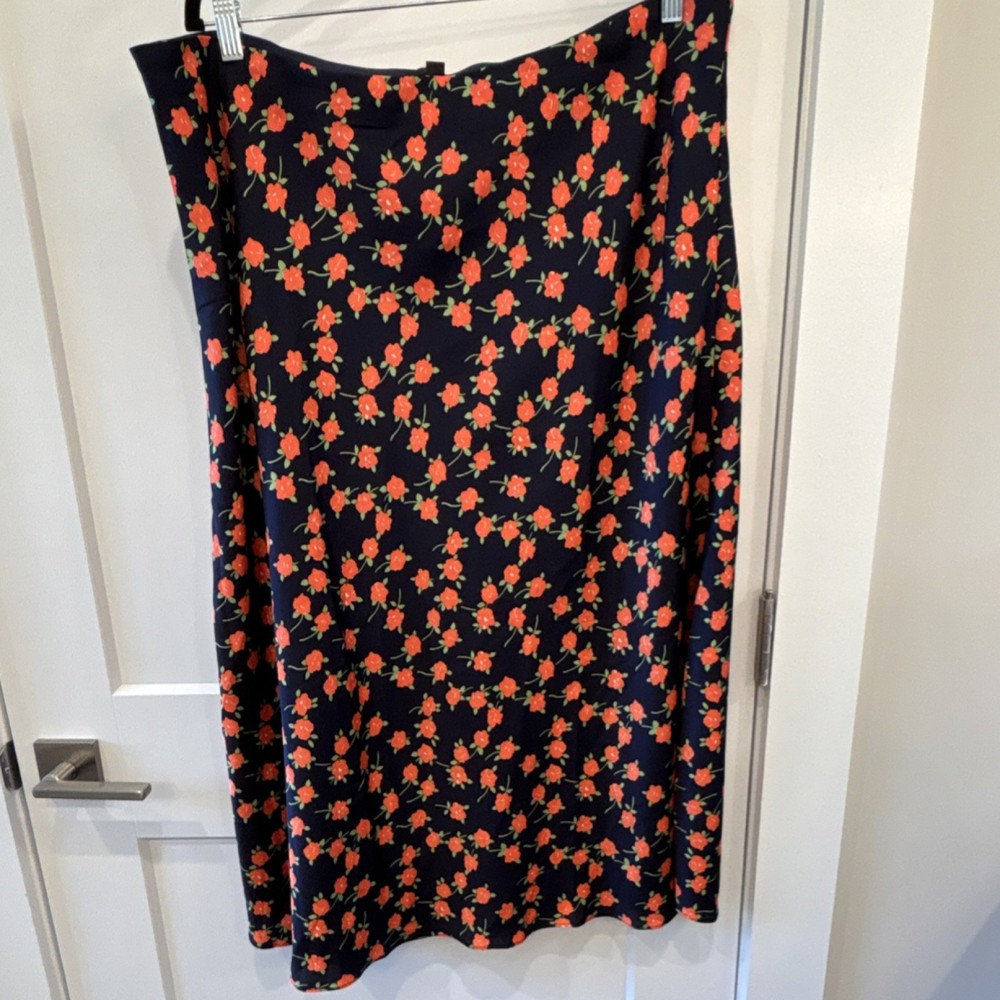 J.CREW Navy Orange Green Floral A-Line Midi Polyester Skirt Plus 2X Women