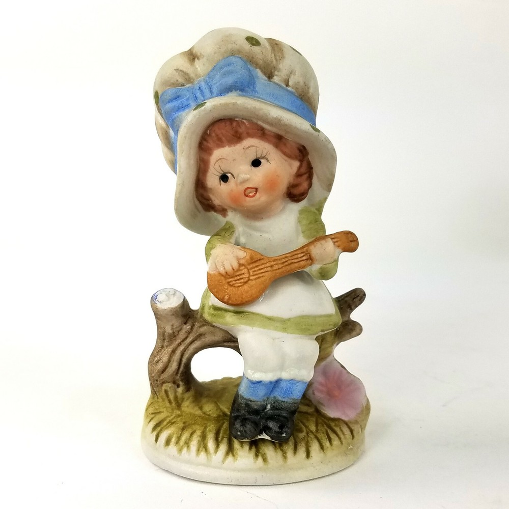 Bisque Charming Figurine Girl Playing Guitar Bonnet Hand Painted Pastel Colors