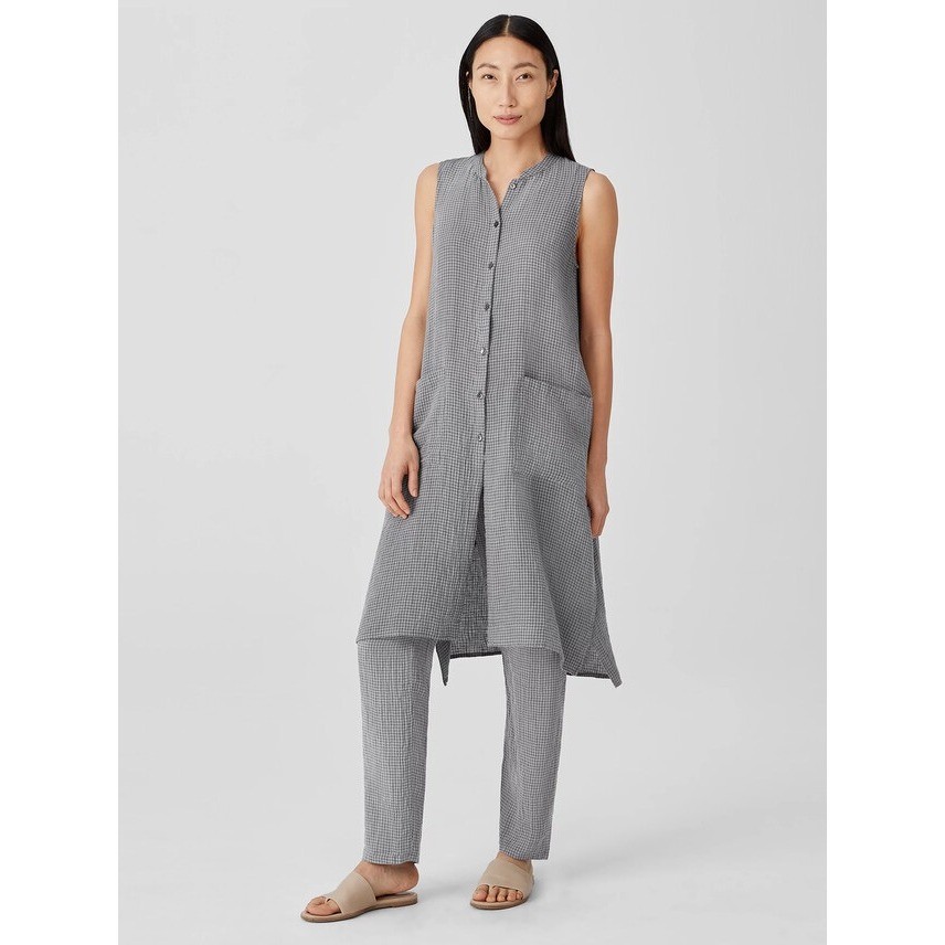 Eileen Fisher Organic Linen Gingham Puckered Long Shirt Tunic Grey L/G