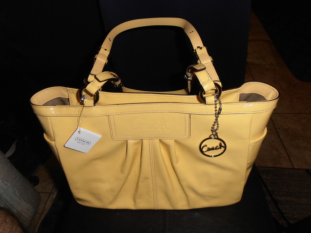 Coach Yellow Patent Pleated Tote with Adjustable Straps NWT