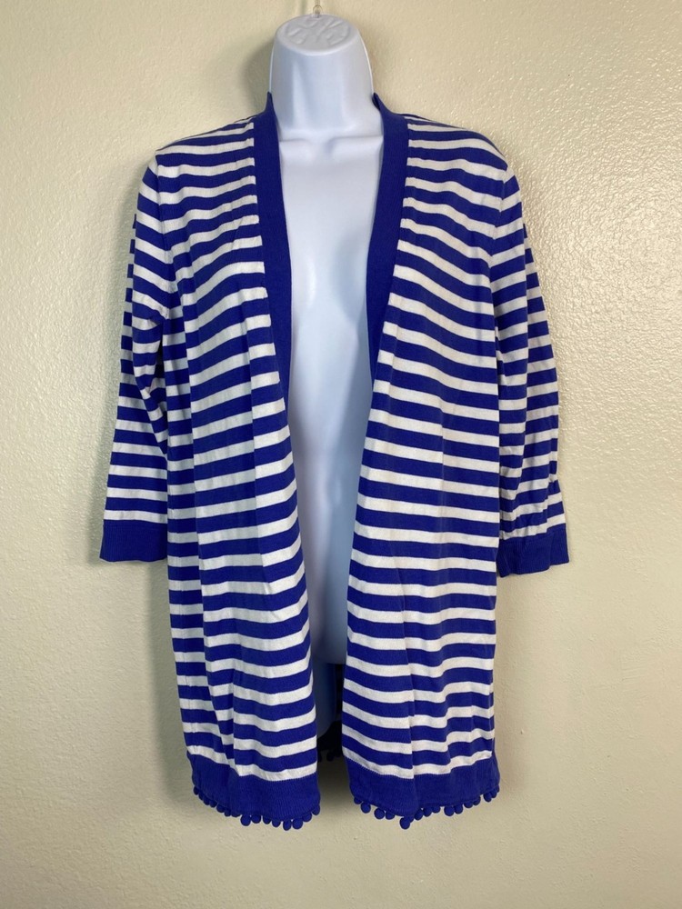 Talbots Cardigan sweater size Large Blue White Striped Tencel Cotton Pom-Pom Nau