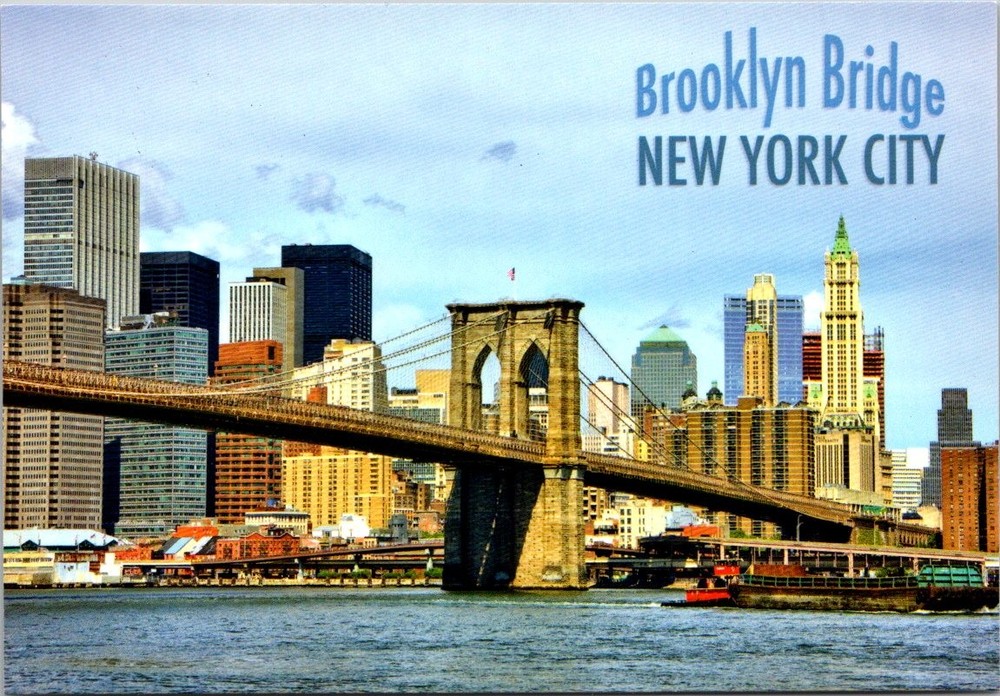 New York City Brooklyn Bridge Lower Manhattan Skyline Continental Postcard A016