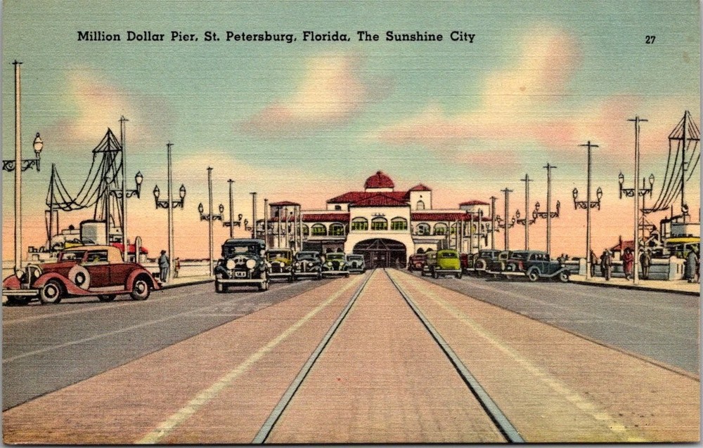 Million Dollar Pier St. Petersburg FL Vintage Postcard Tichnor Bros. 1930s Cars