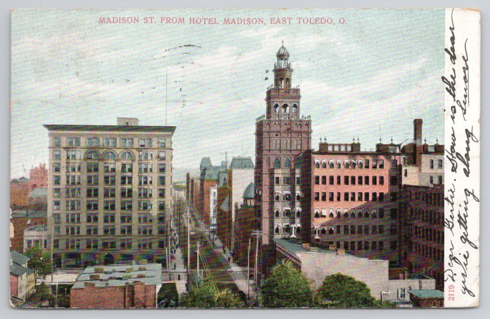 Madison St. East Toledo OH Postcard 1907 Hotel Madison Ohio Street View
