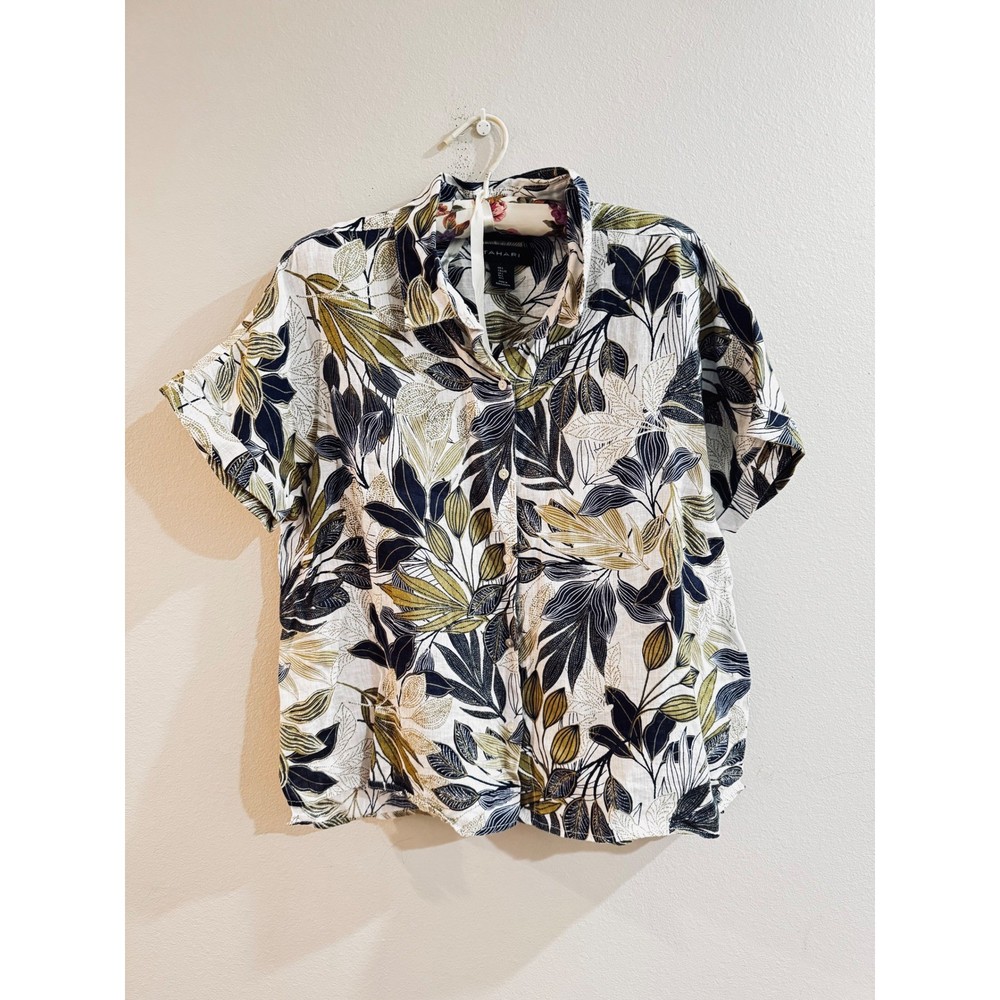 Tahari Womens 100% Linen Button Up Shirt Large Tropical Leaf Short Sleeve Top