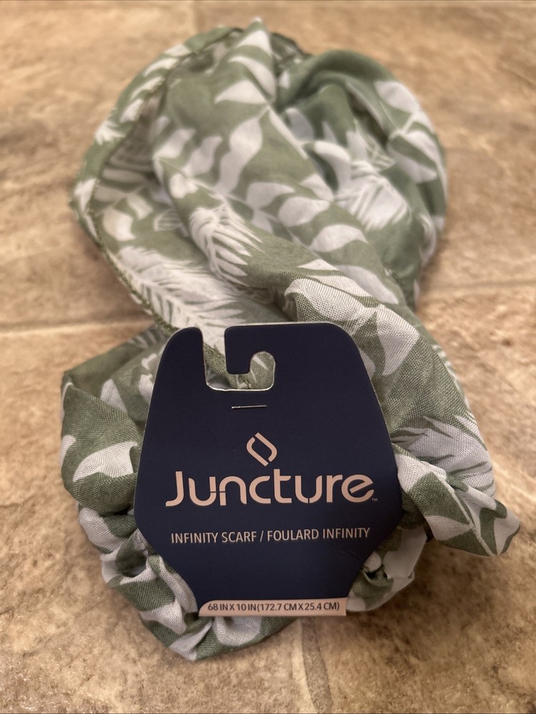 Juncture Womens Green White Leaf Print Chiffon Infinity Scarf 68x10 Inches New