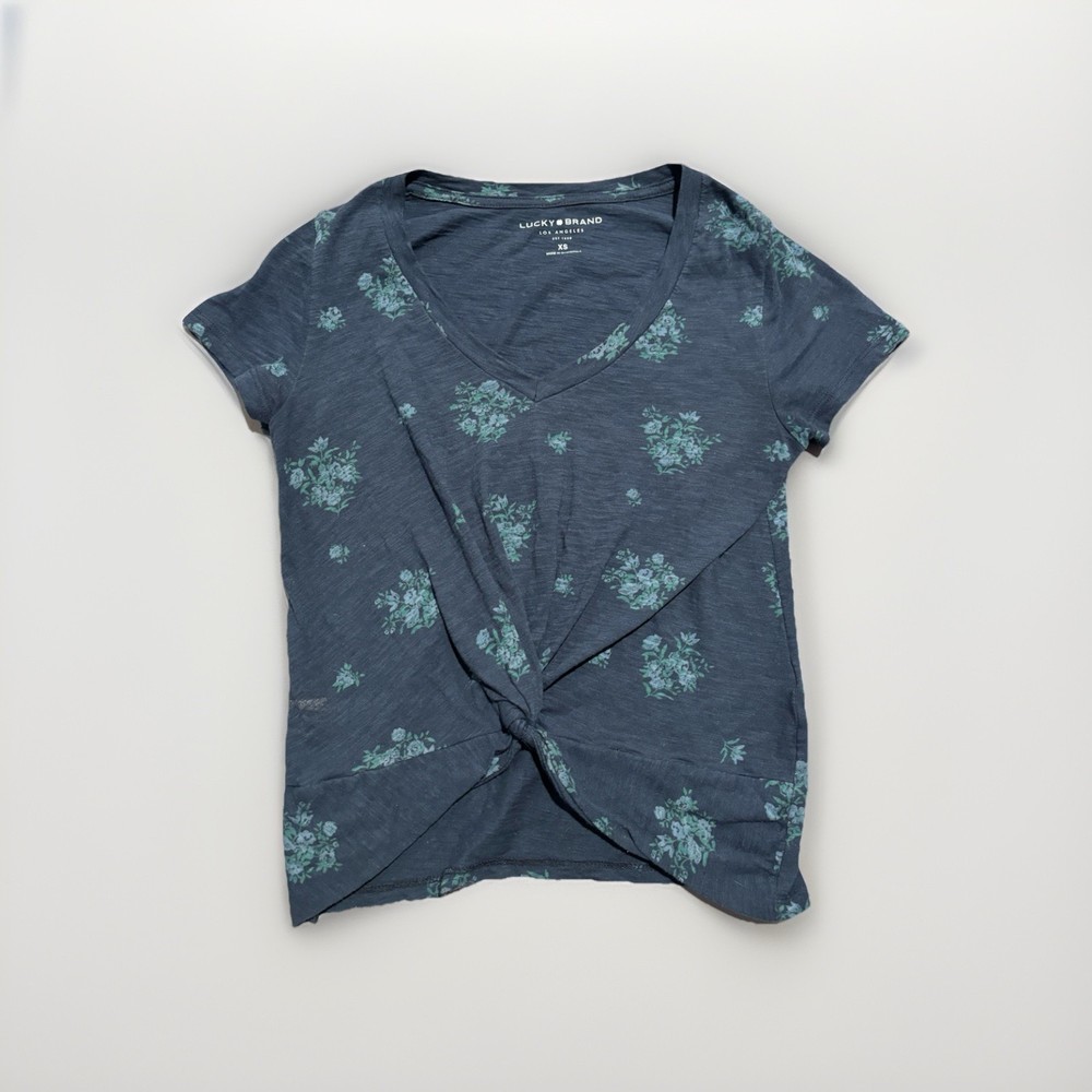 Lucky Brand XS Blue Floral V-Neck Twist Front Top Short Sleeve Slub Knit Boho