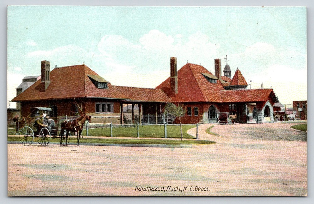 Railroad~Kalamazoo Michigan~MC Train Depot Bldg~Horse Carriage~c1910 Postcard