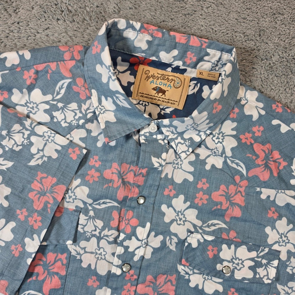 Western Aloha Shirt Mens XL Blue Floral Hibiscus Pearl Snap Short Sleeve Western