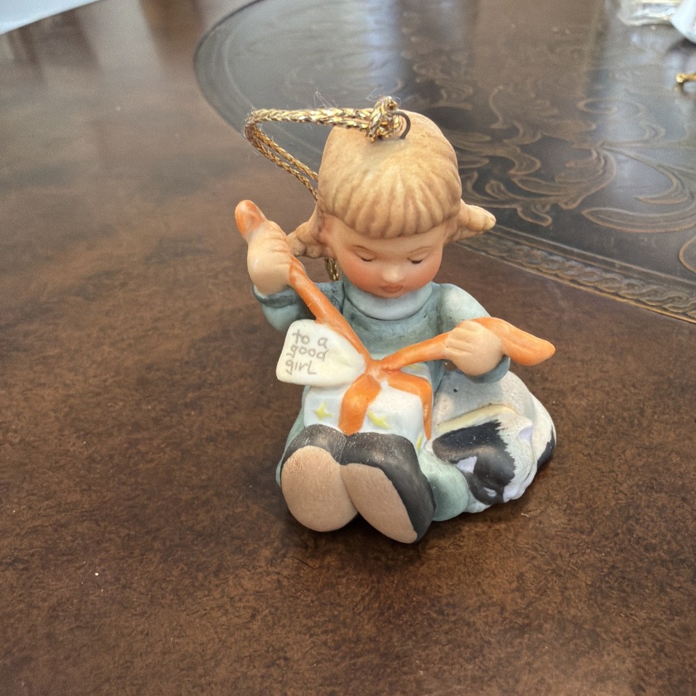 BERTA HUMMEL GOEBEL Bisque Little Girl Unwrapping Christmas Present Ornament