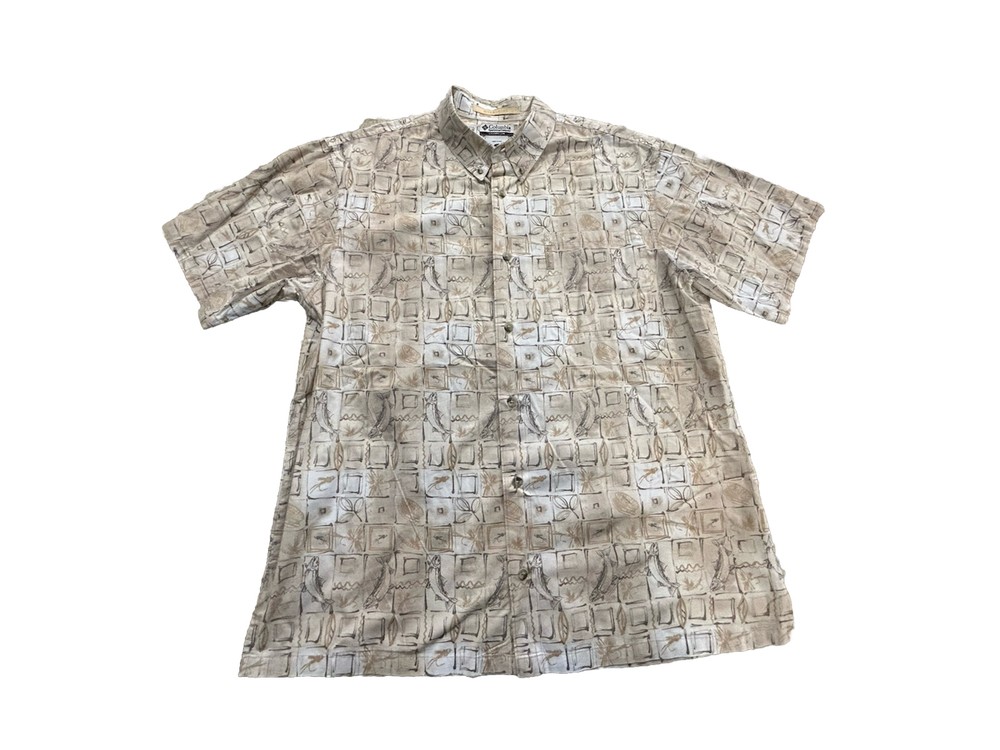 Vintage Columbia Button Down Shirt Mens Large Fly Fishing Lures All Over Print