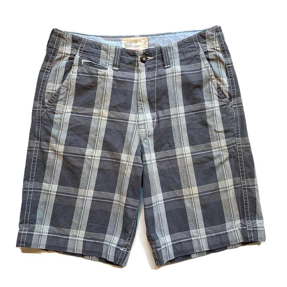 American Eagle Outfitters Shorts Mens 34 Gray Chino Golf Plaid Longer Length