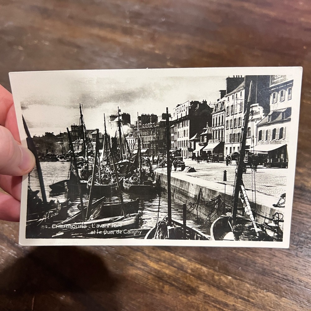 Vintage Postcard Cherbourg France Historic Port With Fishing Boats And Harbor