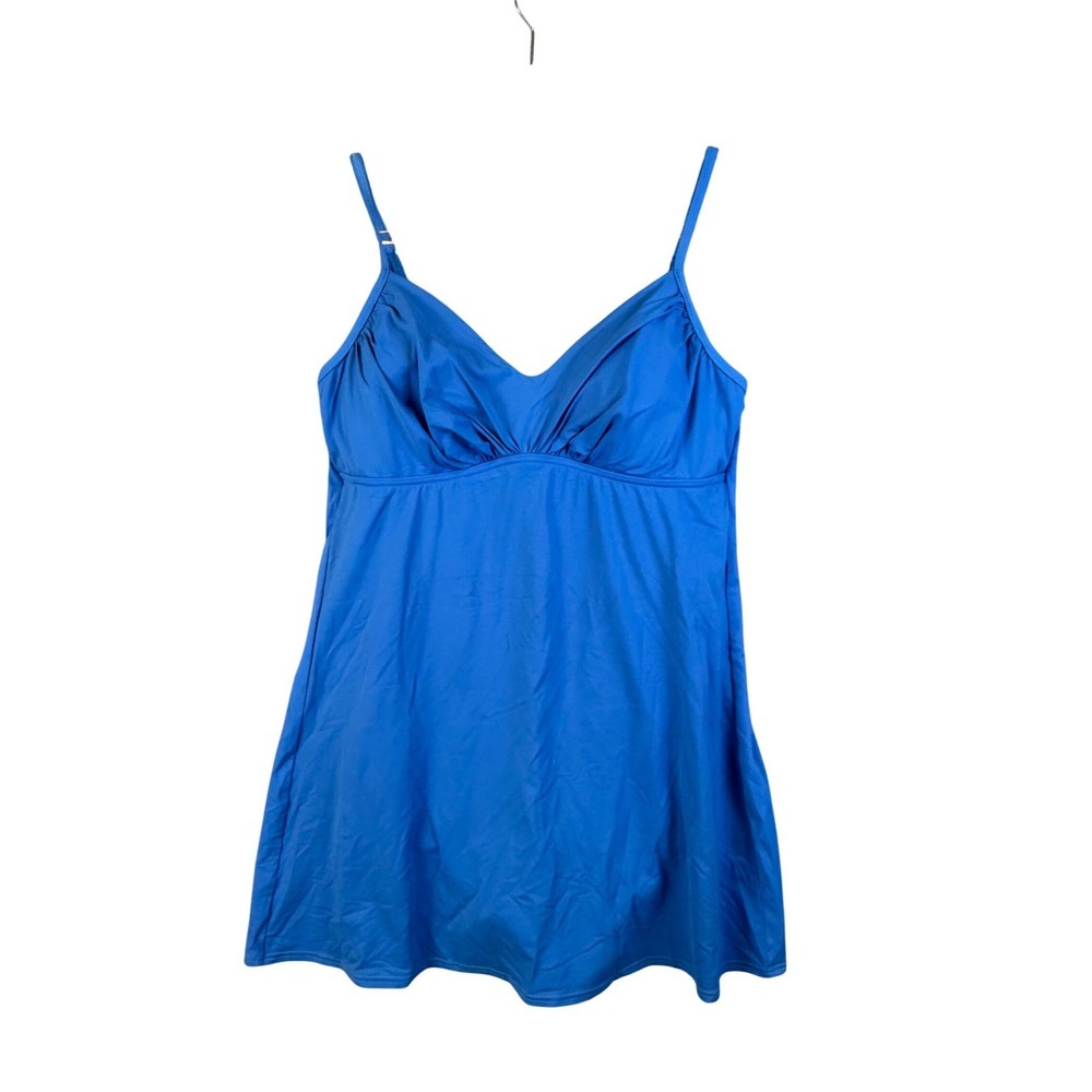Lands End Blue V-Neck Swim Dress One Piece Swimsuit Size 14 398562 F2993