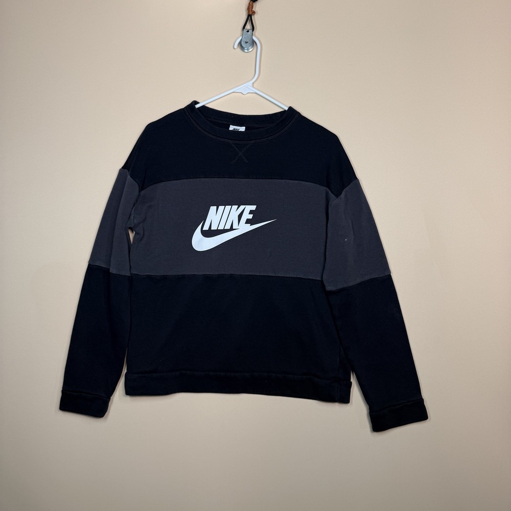 Nike Swoosh Logo Crew Neck Sweater Sweatshirt Black Grey Women's Size XL