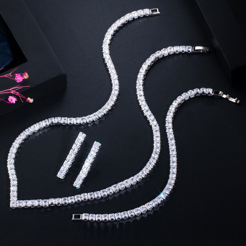 Silver Plated Square Tennis Necklace Bracelet Earrings Bridal Zircon Jewelry Set