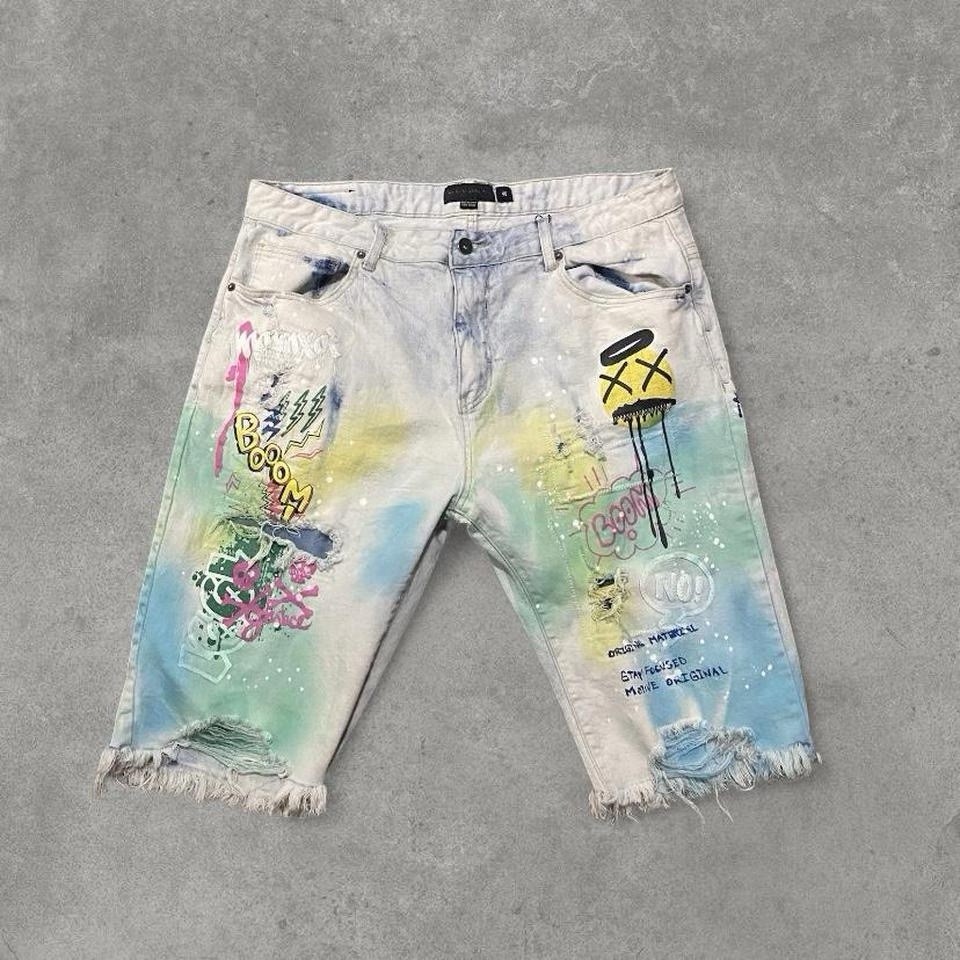 Decibel distressed Graffiti Graphic Light Wash denim shorts 40W