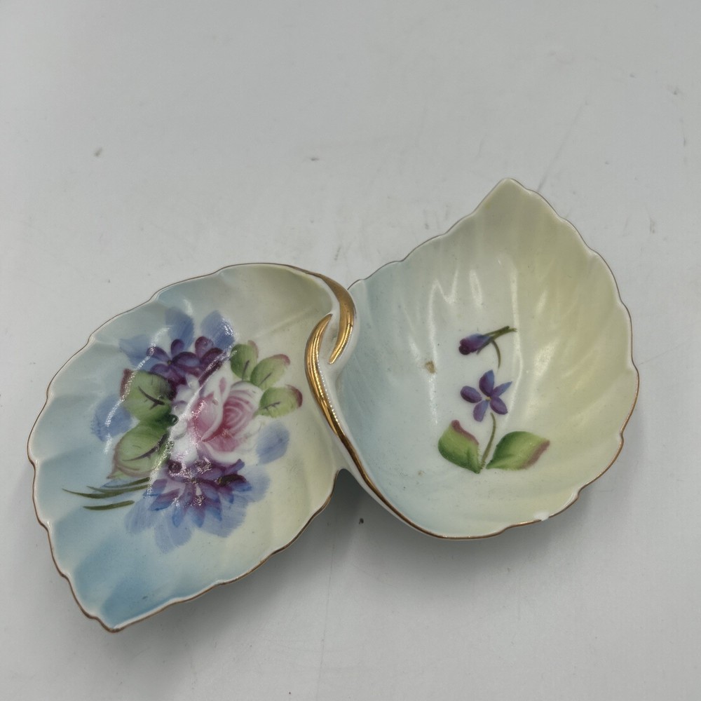 Vintage Hand Painted Porcelain Leaf Trinket Dish Floral Candy Bowl Gold Trim