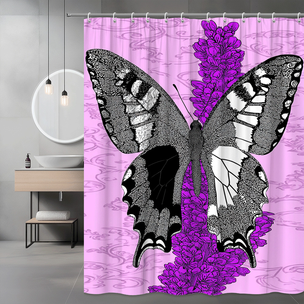 Butterfly Floral Shower Curtain Pink Black White Graphic