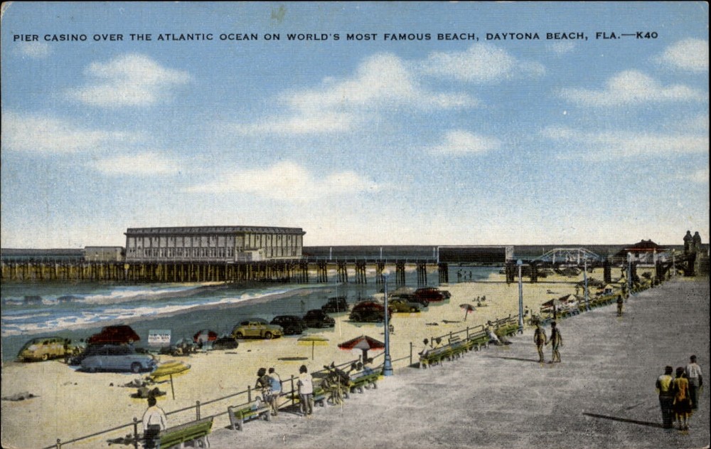Pier Casino Daytona Beach Florida cars aerial view ~ 1940s linen postcard