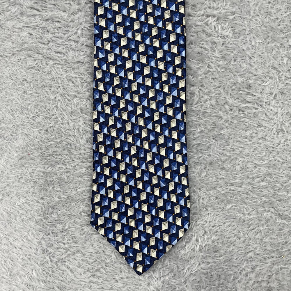 Ermenegildo Zegna Tie Mens One Size Blue Geometric 100% Silk Made Italy Jacquard