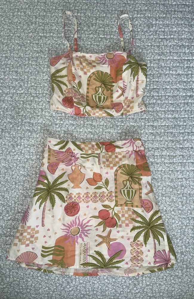 Midnight Sky 2 Piece Set Small Crop Top Mini Skirt Linen Blend Vacation Outfit
