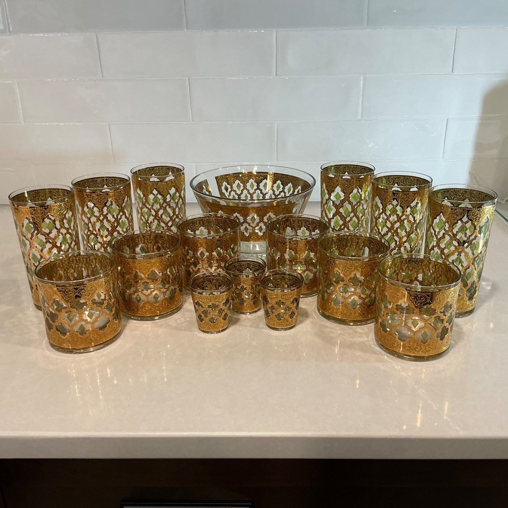 Vintage SIGNED Culver Valencia 16pc Barware Set Ice Bowl Glasses 22k Gold MCM
