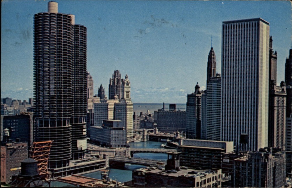 Chicago Illinois aerial Chicago River Michigan Ave Gold Coast vintage postcard