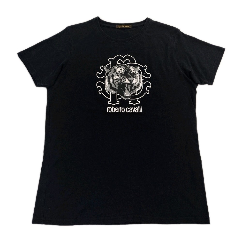 Roberto Cavalli Black Crew Neck Tiger Graphic 100% Cotton Men's T-Shirt Size XL