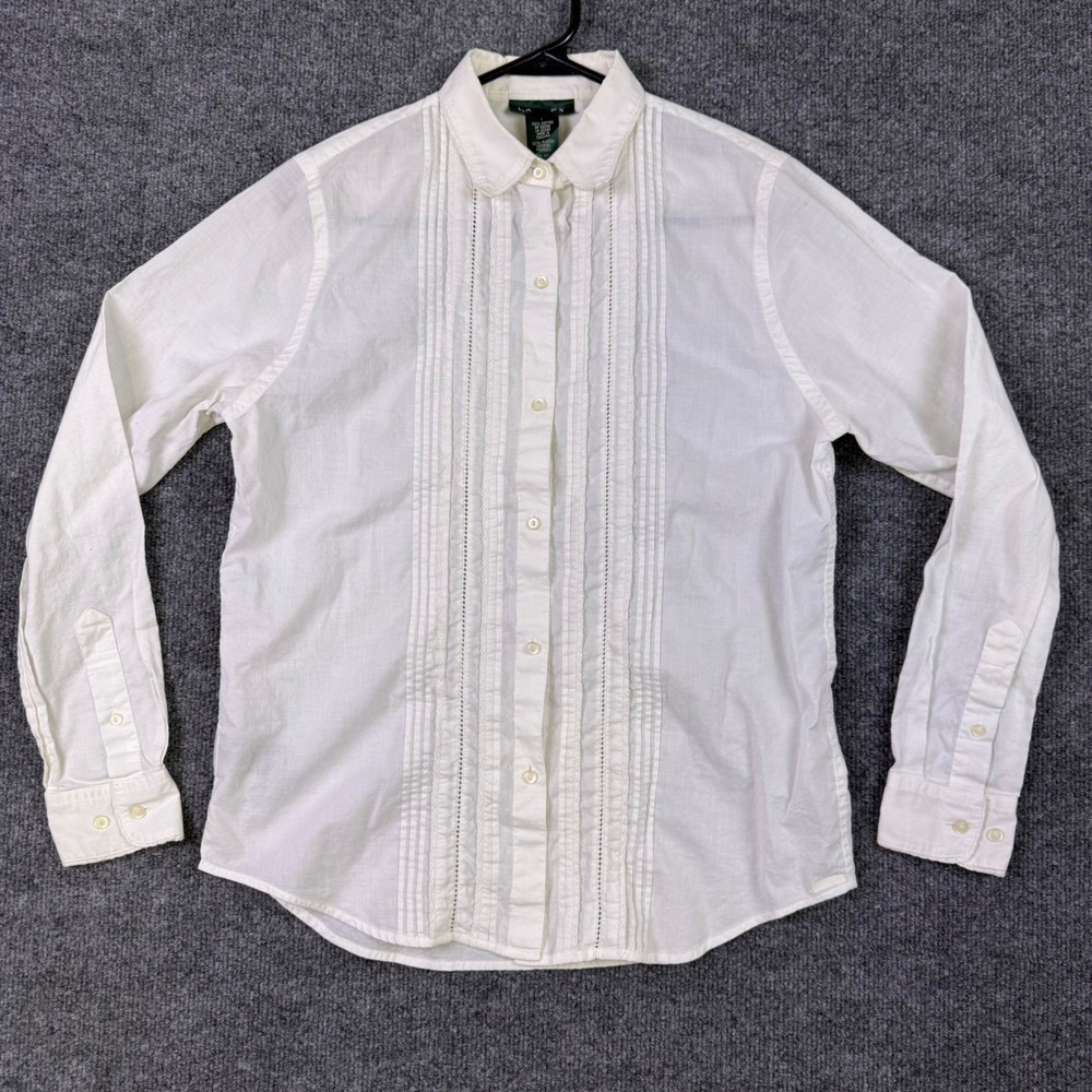 Lauren Ralph Lauren White Cotton Pleated Tuxedo Shirt Eyelet Lace Trim Small